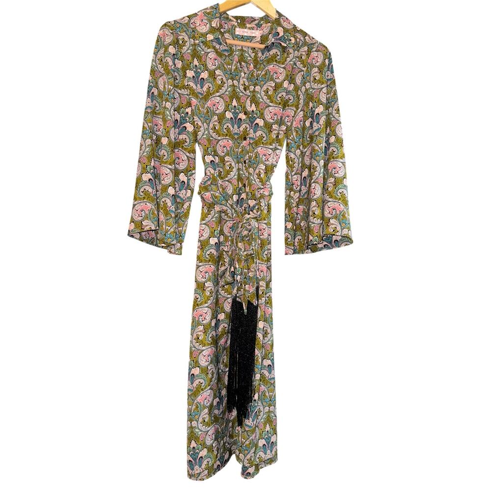 Traffic People Paisley Boho Green Shirt Dress XS Bell Sleeve Fringe Hippie Retro